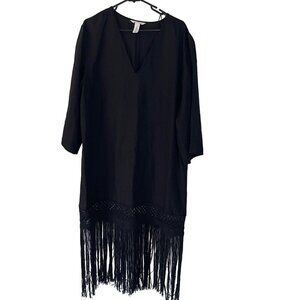 H M Womens Dress Size Large Black Long Fringe Trimmed Midi V Neck Casual